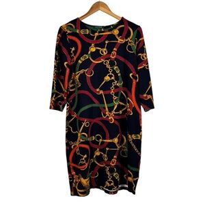 Lauren Ralph Lauren Equestrian Print Shift Dress Classic 3/4 Sleeve Womens Large